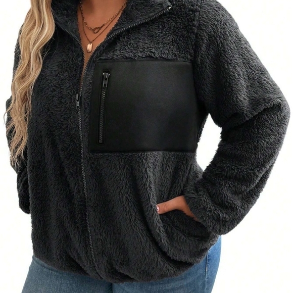 Large Teddy Sherpa Zippered Bomber Jacket with Phone and Side Pockets - Picture 1 of 6